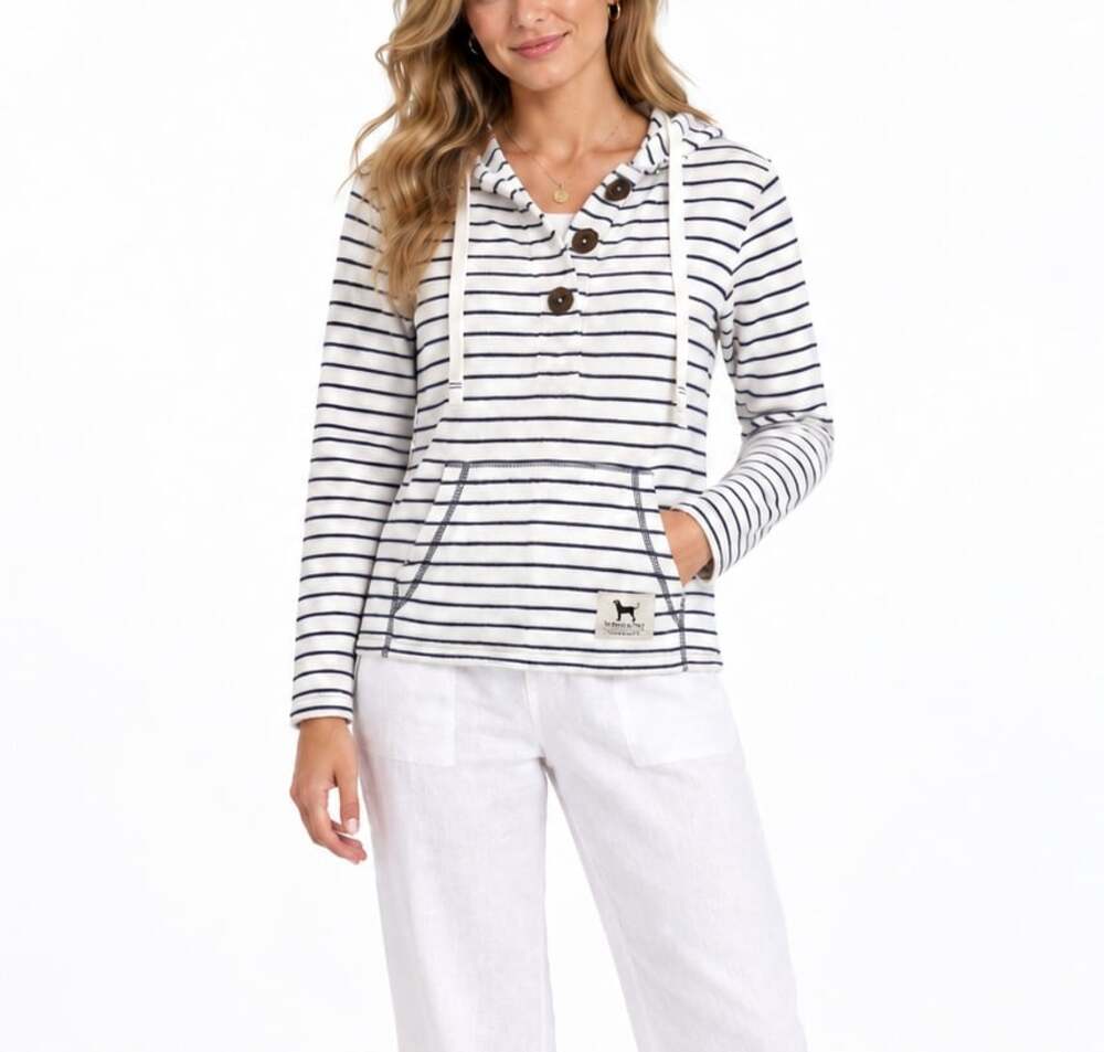 The Black Dog White Navy Striped Terrycloth Hooded Pullover Nautical (Size XS)